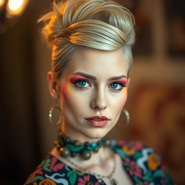 A realistic medium shot portrait of a unique woman with an intriguing hairstyle and vibrant clothing, looking directly into the camera with a confident expression