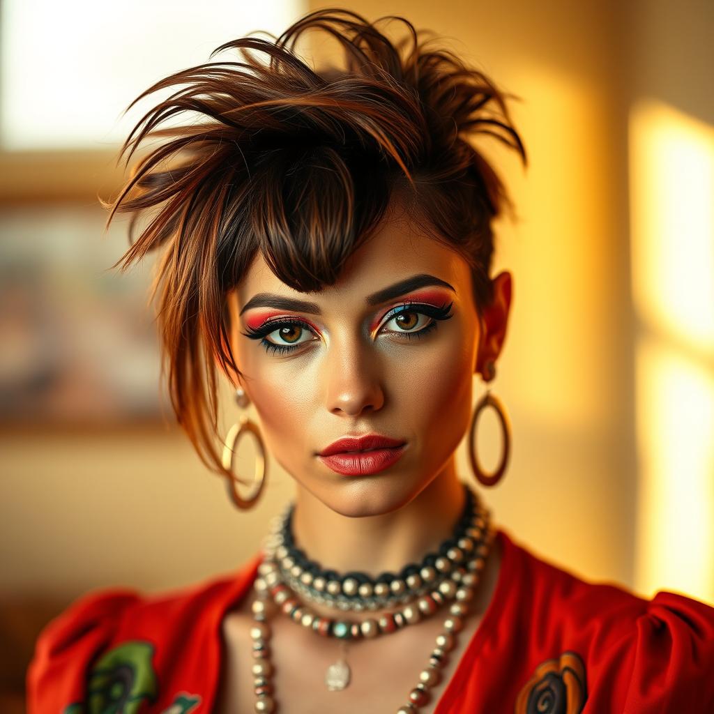 A realistic medium shot portrait of a unique woman with an intriguing hairstyle and vibrant clothing, looking directly into the camera with a confident expression