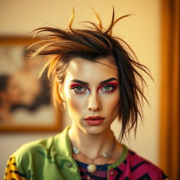 A realistic medium shot portrait of a unique woman with an intriguing hairstyle and vibrant clothing, looking directly into the camera with a confident expression