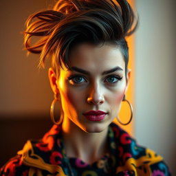 A realistic medium shot portrait of a unique woman with an intriguing hairstyle and vibrant clothing, looking directly into the camera with a confident expression