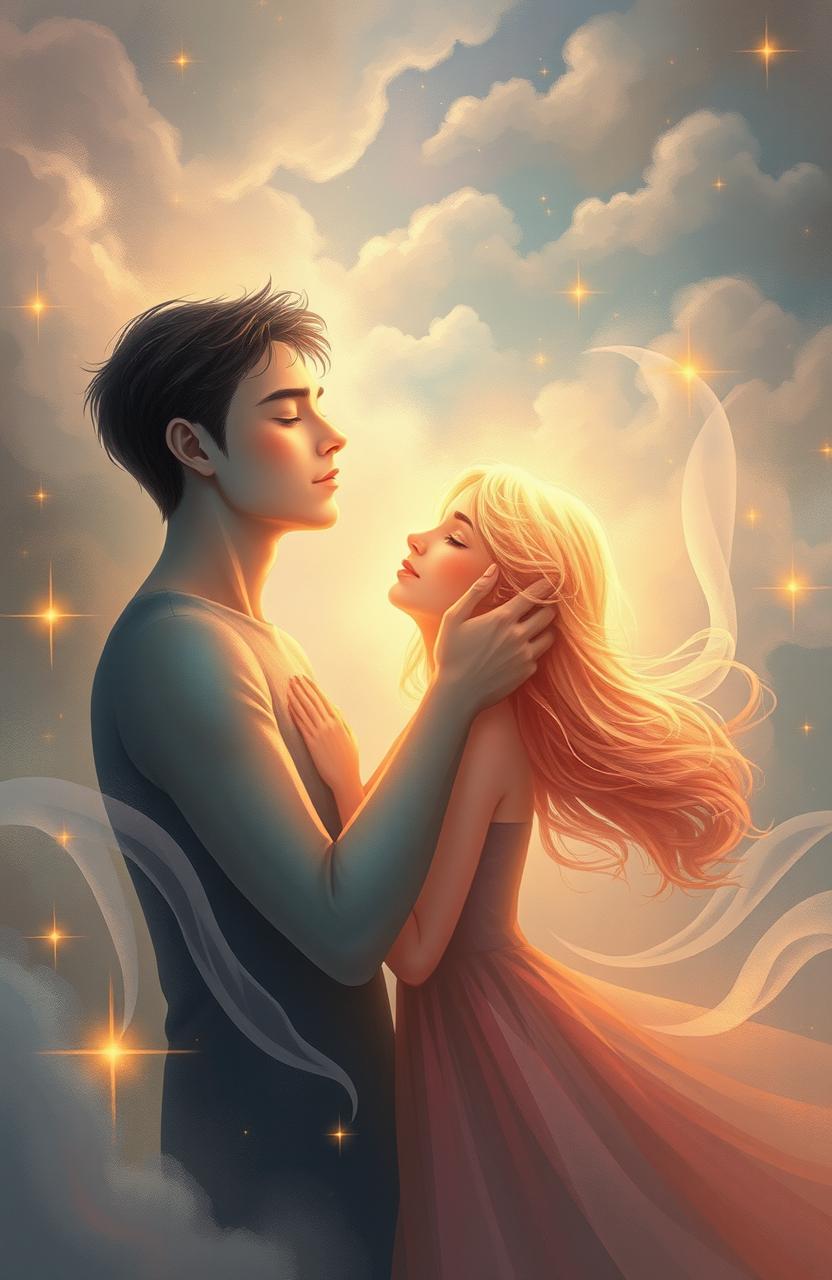 A poignant scene depicting a couple in a dreamlike, surreal dimension