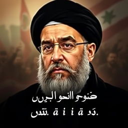 A captivating portrait of Hassan Nasrallah, the Lebanese politician and leader of Hezbollah, with a serious and determined expression