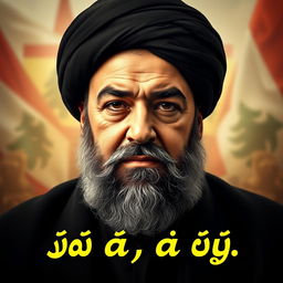 A captivating portrait of Hassan Nasrallah, the Lebanese politician and leader of Hezbollah, with a serious and determined expression