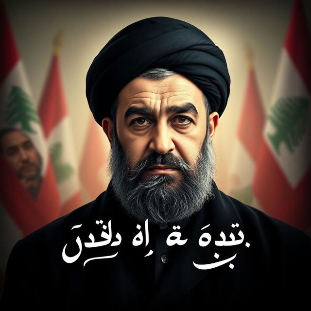A captivating portrait of Hassan Nasrallah, the Lebanese politician and leader of Hezbollah, with a serious and determined expression