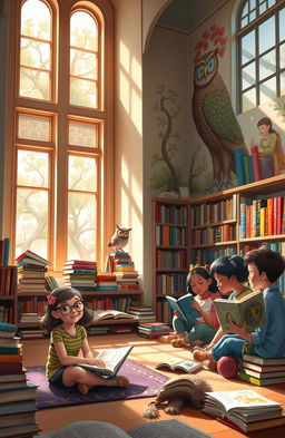 A captivating visual storytelling scene that illustrates the theme of visual literacy, featuring an imaginative library filled with colorful books, each adorned with whimsical illustrations