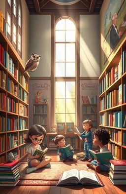A captivating visual storytelling scene that illustrates the theme of visual literacy, featuring an imaginative library filled with colorful books, each adorned with whimsical illustrations