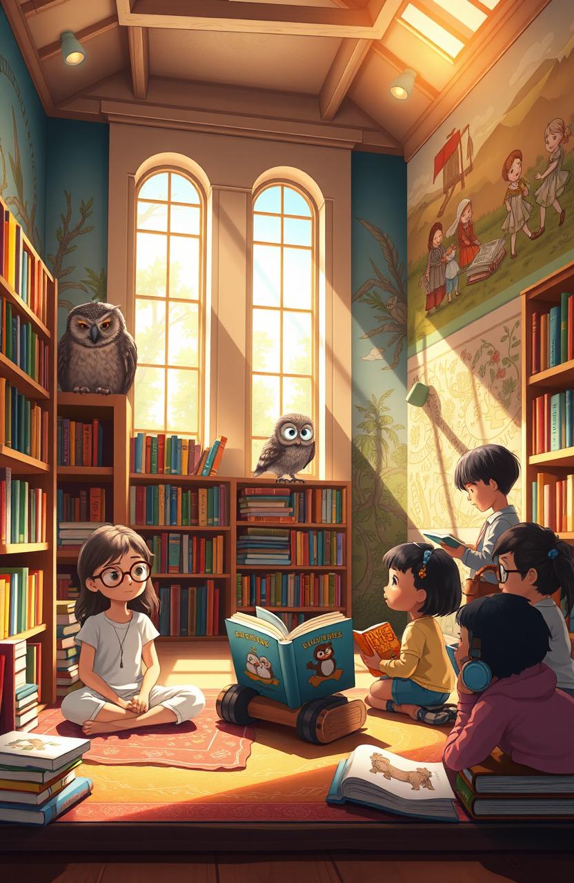 A captivating visual storytelling scene that illustrates the theme of visual literacy, featuring an imaginative library filled with colorful books, each adorned with whimsical illustrations