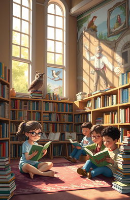 A captivating visual storytelling scene that illustrates the theme of visual literacy, featuring an imaginative library filled with colorful books, each adorned with whimsical illustrations