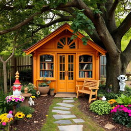 A charming mini library nestled in a serene garden