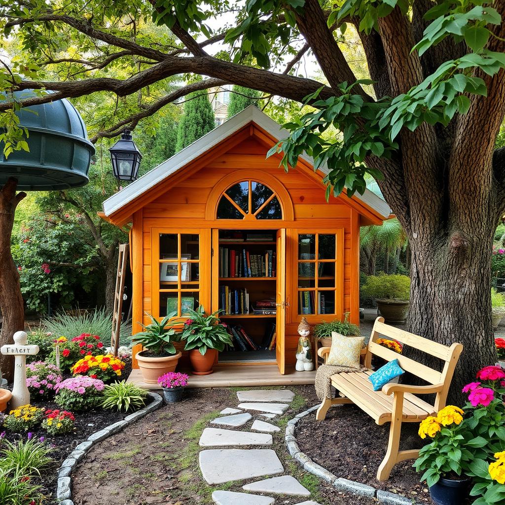 A charming mini library nestled in a serene garden