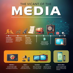 A visually striking poster showcasing the evolution of media from ancient times to the present