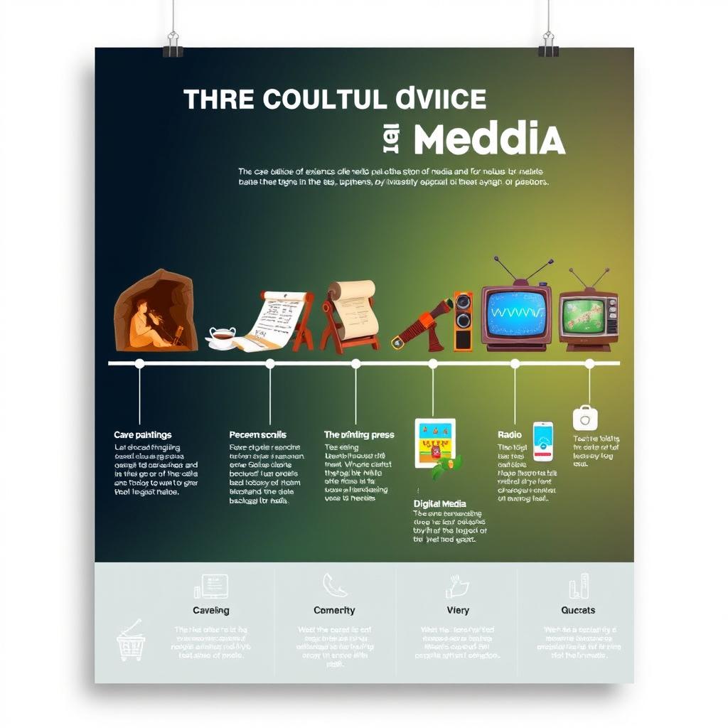 A visually striking poster showcasing the evolution of media from ancient times to the present