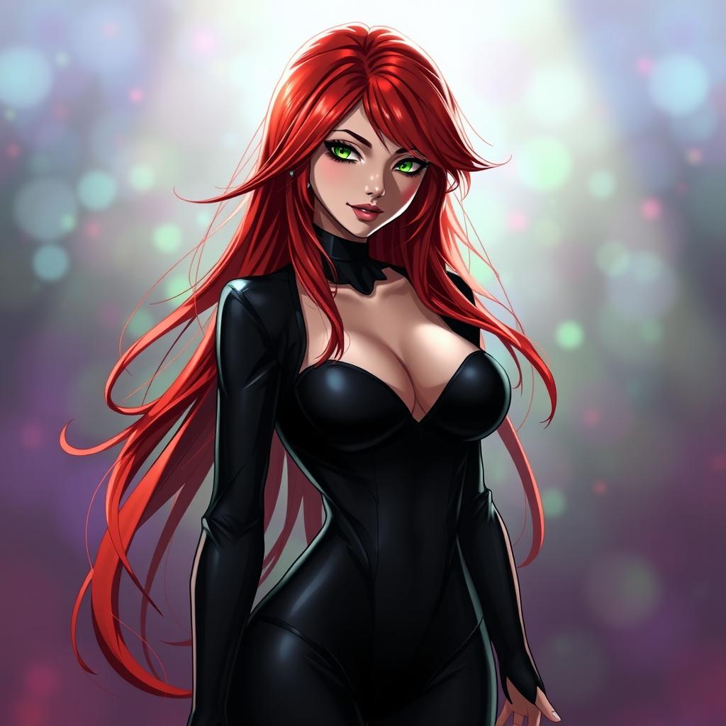 A stunning, captivating portrait of Makima, a character with long, flowing red hair and striking green eyes, dressed in a form-fitting black outfit that highlights her alluring figure