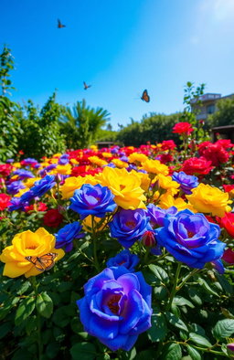 A beautiful garden filled with vibrant blue, yellow, and red roses, creating a stunning symphony of nature's colors