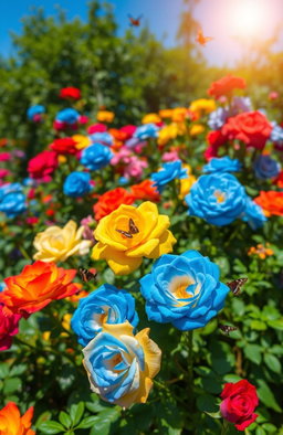 A beautiful garden filled with vibrant blue, yellow, and red roses, creating a stunning symphony of nature's colors