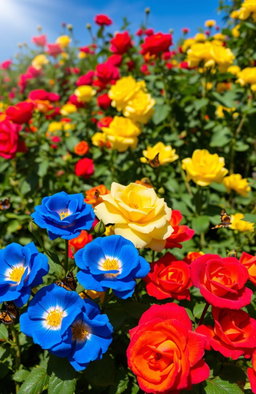 A beautiful garden filled with vibrant blue, yellow, and red roses, creating a stunning symphony of nature's colors