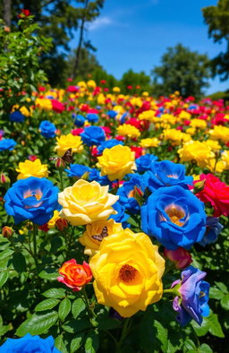 A beautiful garden filled with vibrant blue, yellow, and red roses, creating a stunning symphony of nature's colors
