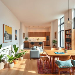 A beautifully designed apartment interior featuring a stylish living room with a comfortable sofa, modern artwork on the walls, and a warm atmosphere