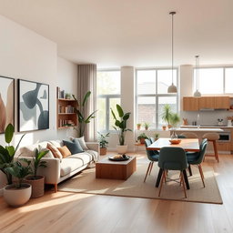 A beautifully designed apartment interior featuring a stylish living room with a comfortable sofa, modern artwork on the walls, and a warm atmosphere