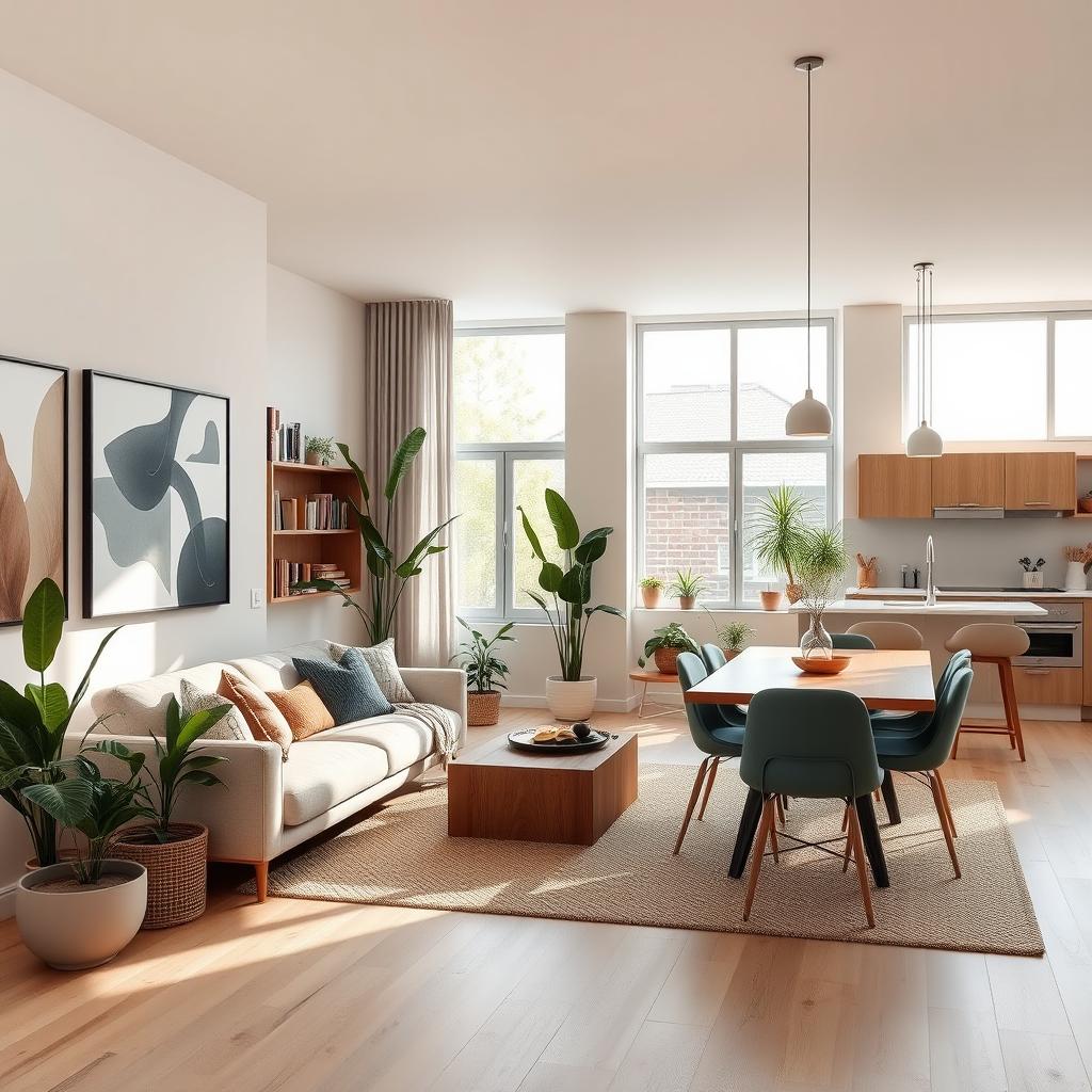 A beautifully designed apartment interior featuring a stylish living room with a comfortable sofa, modern artwork on the walls, and a warm atmosphere
