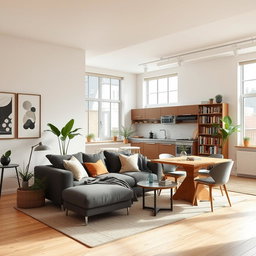 A beautifully designed apartment interior featuring a stylish living room with a comfortable sofa, modern artwork on the walls, and a warm atmosphere