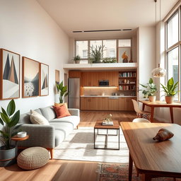A beautifully designed apartment interior featuring a stylish living room with a comfortable sofa, modern artwork on the walls, and a warm atmosphere