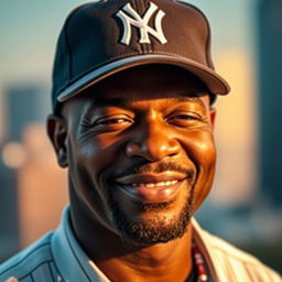 A portrait of George Floyd wearing a stylish New York Yankees cap, smiling gently
