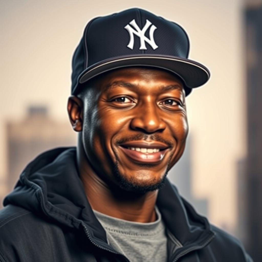 A portrait of George Floyd wearing a stylish New York Yankees cap, smiling gently