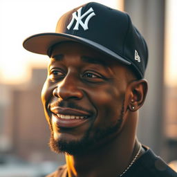 A portrait of George Floyd wearing a stylish New York Yankees cap, smiling gently