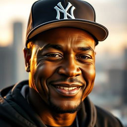 A portrait of George Floyd wearing a stylish New York Yankees cap, smiling gently