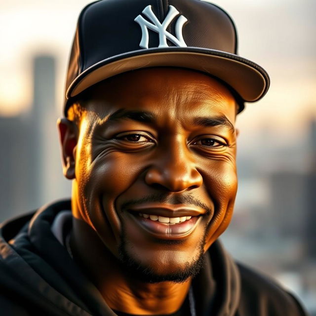 A portrait of George Floyd wearing a stylish New York Yankees cap, smiling gently