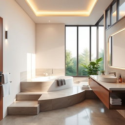 A serene and modern bathroom interior rendered in high detail