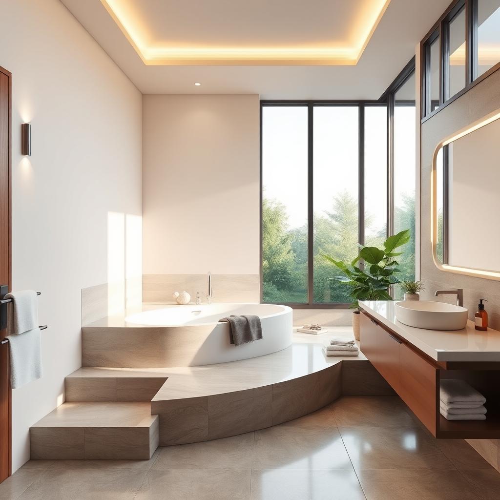 A serene and modern bathroom interior rendered in high detail