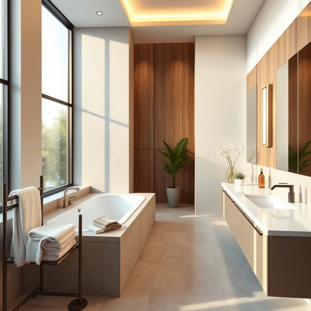 A serene and modern bathroom interior rendered in high detail