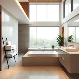A serene and modern bathroom interior rendered in high detail