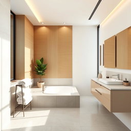 A serene and modern bathroom interior rendered in high detail
