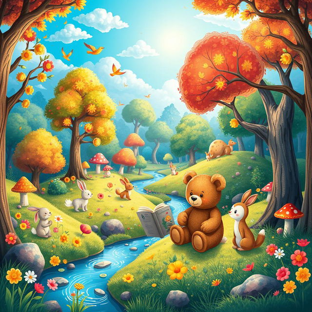 A beautifully illustrated children's storybook layout featuring an enchanting magical forest filled with vibrant, colorful trees and sparkling streams