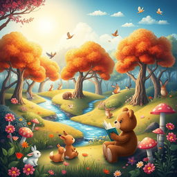 A beautifully illustrated children's storybook layout featuring an enchanting magical forest filled with vibrant, colorful trees and sparkling streams