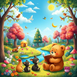 A beautifully illustrated children's storybook layout featuring an enchanting magical forest filled with vibrant, colorful trees and sparkling streams