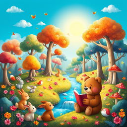 A beautifully illustrated children's storybook layout featuring an enchanting magical forest filled with vibrant, colorful trees and sparkling streams