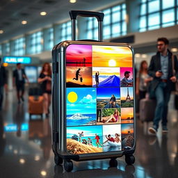 An innovative smart luggage design featuring a digital display as its cover, showcasing a rotating album of vibrant photos