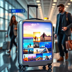 An innovative smart luggage design featuring a digital display as its cover, showcasing a rotating album of vibrant photos
