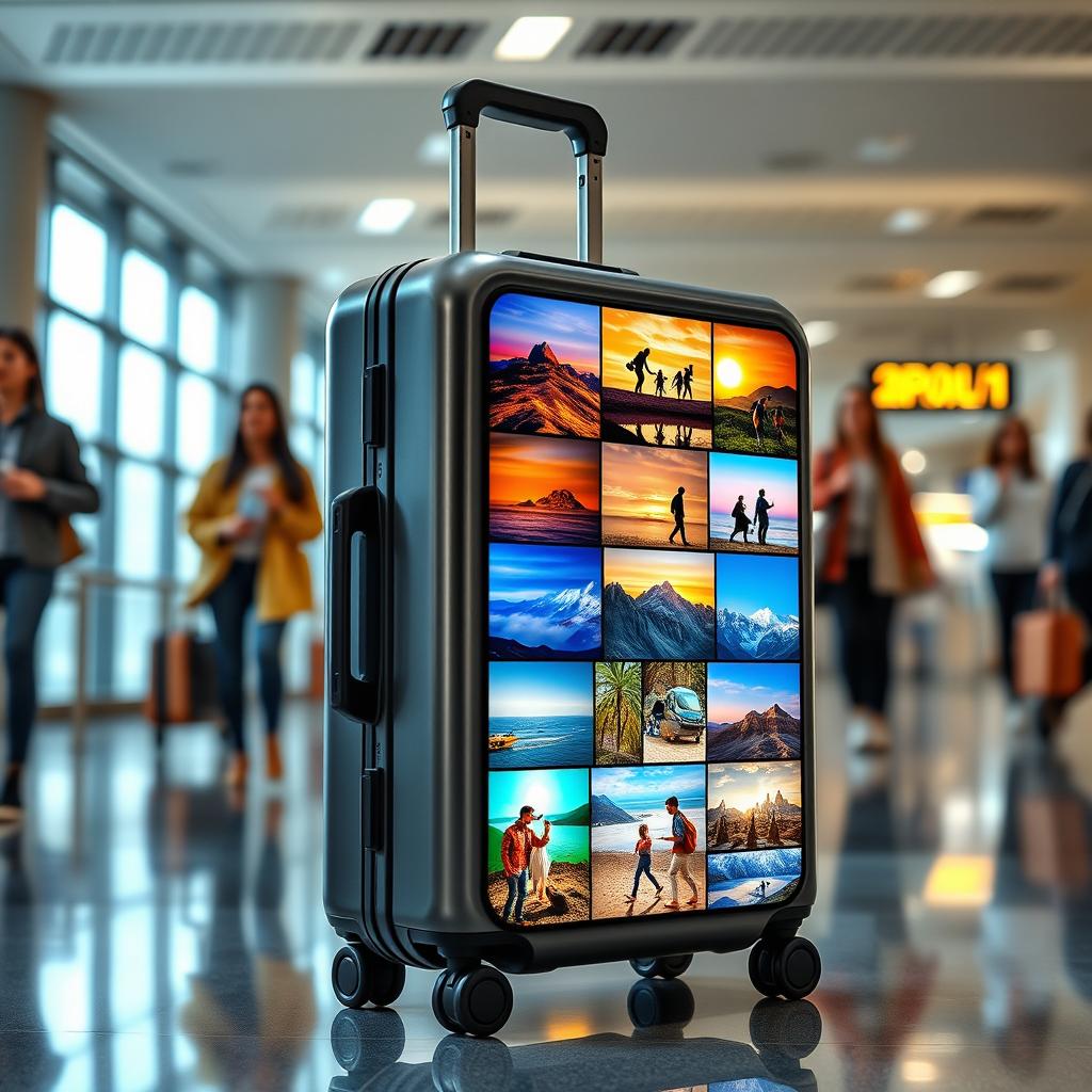 An innovative smart luggage design featuring a digital display as its cover, showcasing a rotating album of vibrant photos