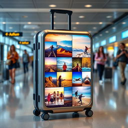 An innovative smart luggage design featuring a digital display as its cover, showcasing a rotating album of vibrant photos