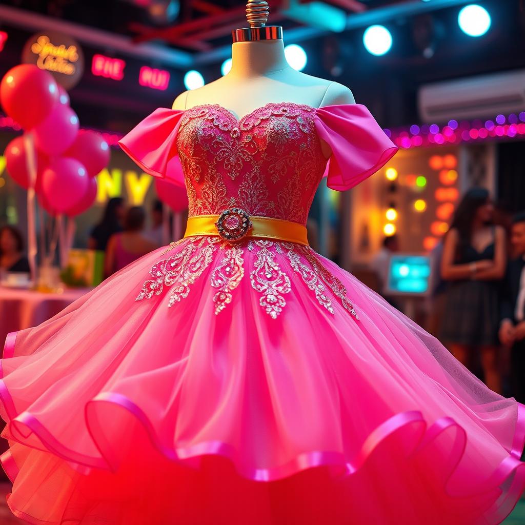 A vibrant and elegant dress designed for a party girl, featuring a fitted bodice adorned with sequins and intricate lace patterns