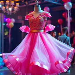 A vibrant and elegant dress designed for a party girl, featuring a fitted bodice adorned with sequins and intricate lace patterns