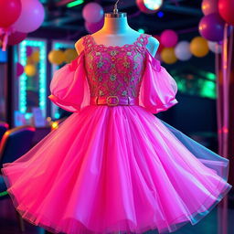 A vibrant and elegant dress designed for a party girl, featuring a fitted bodice adorned with sequins and intricate lace patterns