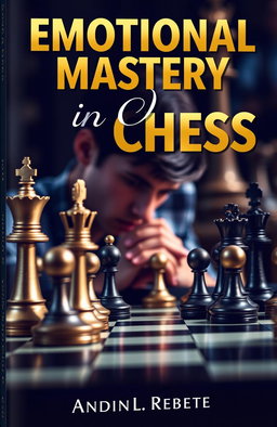 A captivating book cover for a book about emotional control in chess, featuring a dramatic chessboard set with intricately designed pieces in mid-game