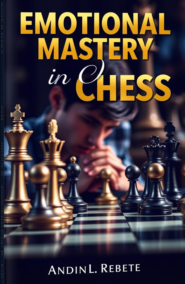 A captivating book cover for a book about emotional control in chess, featuring a dramatic chessboard set with intricately designed pieces in mid-game