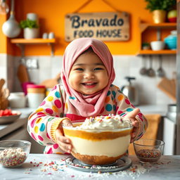 A cheerful chubby girl wearing a colorful hijab, joyfully making a cake in a cozy kitchen